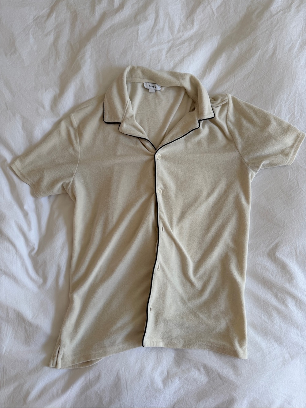 Reiss Cream Short-Sleeve Button Shirt with Black Piping